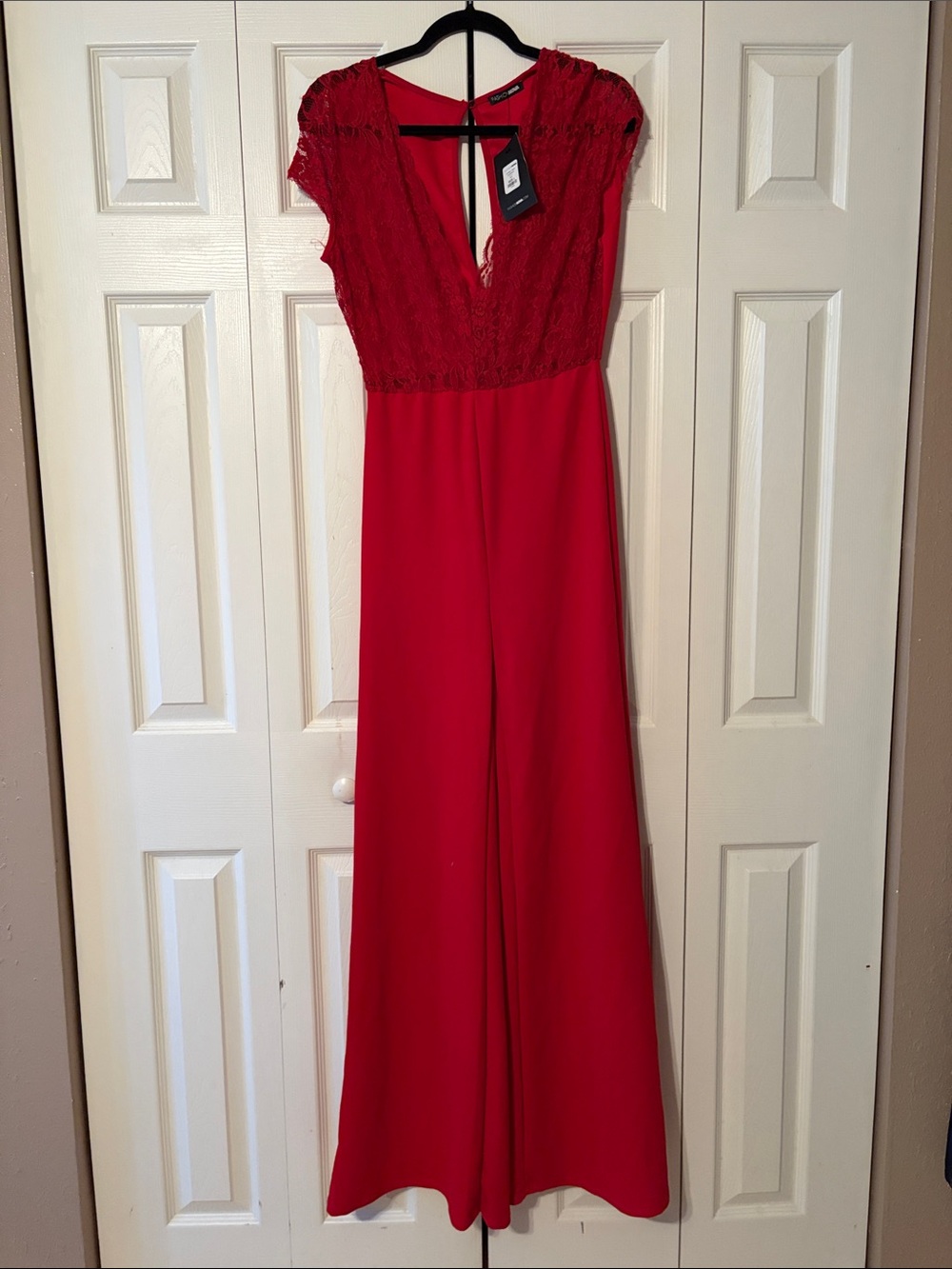 NEW Fashion Nova Lovely Lace Jumpsuit. Size Large. Red lace top wide leg